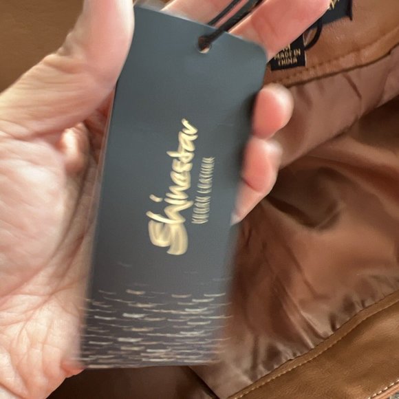 Shine Star Women  Vegan Leather Mini Front Slit Skirt Brown Tan Size Medium - Picture 8 of 14